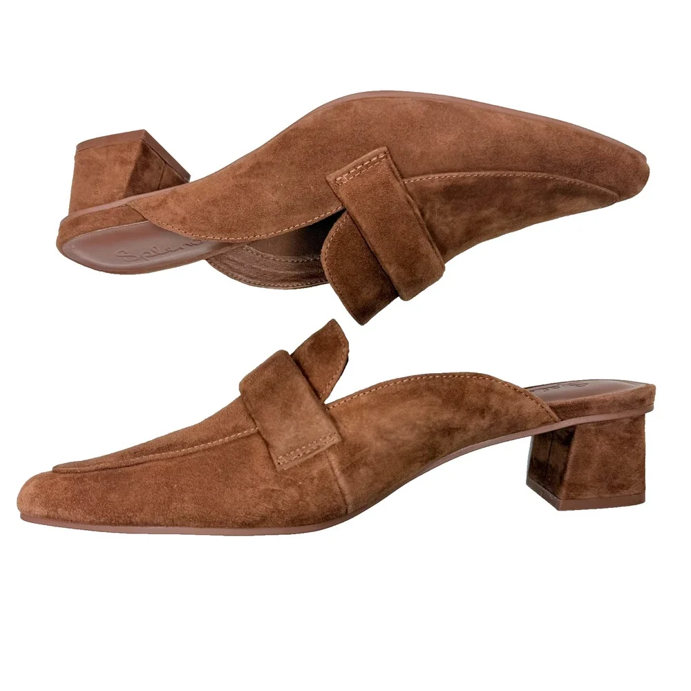 Splendid Loretta Suede Mules 8.5 Brown Pointed Toe Block Heel SlipOn Leather EUC - Picture 5 of 8